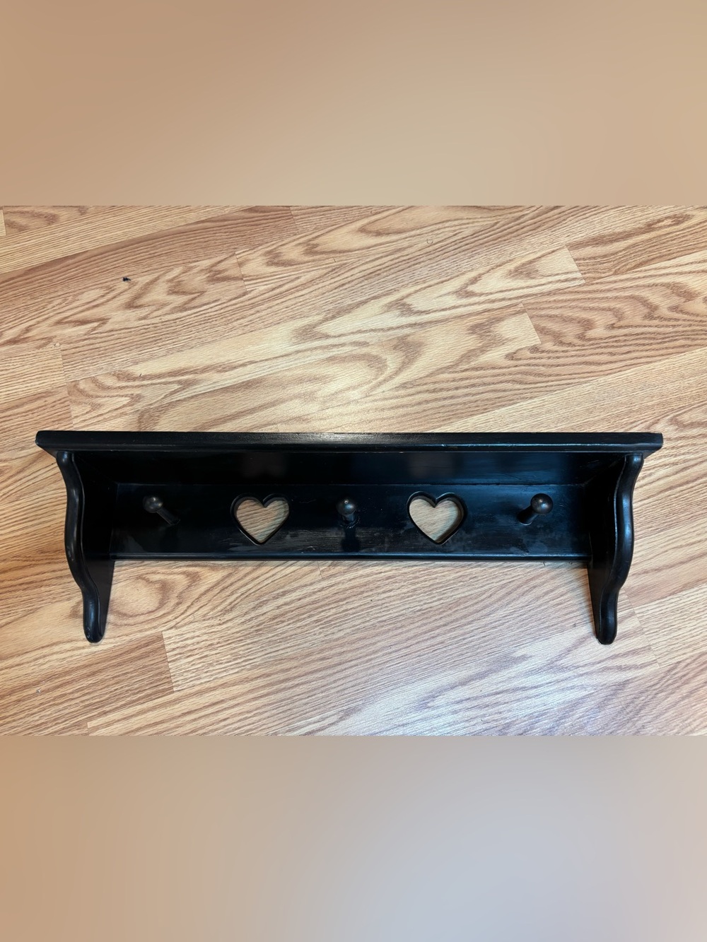 Black Heart Wooden Hook Wall Rack Shelf 7x24x4”